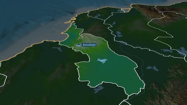 Sucre - department of Colombia with its capital zoomed on the physical map of the globe. Animation 3D