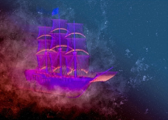 Flying ghost purple galleon in space - obrazy, fototapety, plakaty