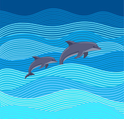 Vector illustration, two dolphins jumping over the waves in the sea