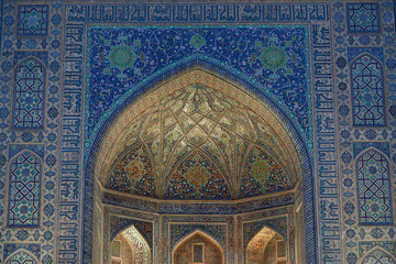 Decoration of the Madrasah on the Registan Square - main square of Samarkand, Uzbekistan.