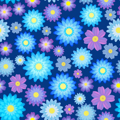 Seamless pattern, blue and violet flowers on a dark blue background