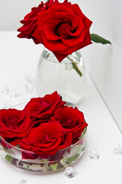Red roses buds flowers on glass vases on white shelf