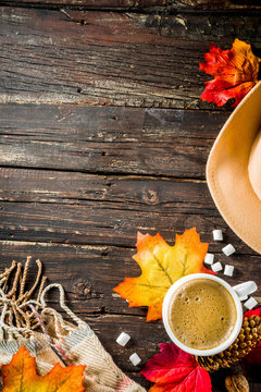 Autumn composition concept background. Cappuccino coffee or hot chocolate cup, with autumn bright leaves, pine cones, marshmallows. Flatlay on wooden rustic background, simple top view pattern