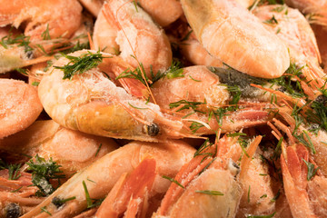 fresh frozen prawns with dill and Bay leaf, delicacies, sea food concept, close up