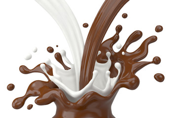 white milk mix into dark chocolate splash, 3d illustration.