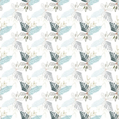 Pastel vector winter Christmas foliage ornaments seamless pattern. Elegant retro doodle style holiday season print background design.