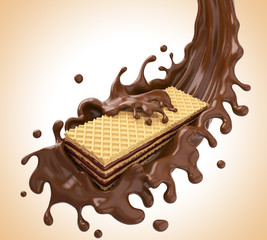crispy Wafer with chocolate Splash, 3d illustration.