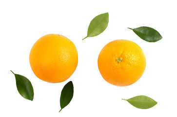 Citrus is a fruit that has high vitamin C, orange cut in half, and has leaves on a white background.