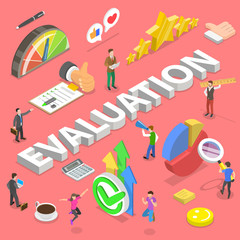 Isometric flat vector concept of services evaluation, employee merit determination and development, quality assessment and improvement processes and techniques.