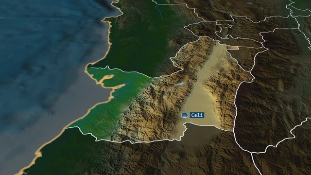 Valle del Cauca - department of Colombia with its capital zoomed on the physical map of the globe. Animation 3D
