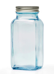 Clear empty blue glass canister or jar with silver cap isolated on white background with clipping path