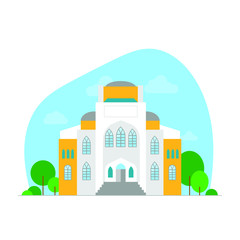 White synagogue in background of blue sky. Flat vector on white background.