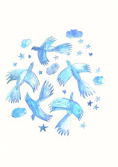 Pattern with birds watercolor illustration