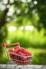  Little metal basket with  raspberry on wooden table in blurred green background. Cart hand