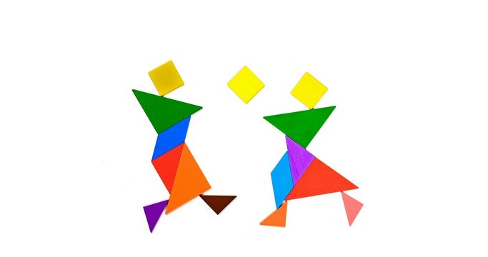 tangram shaped as 3 scenes stop-motion animation of love story of dating and proposing and rambling with baby