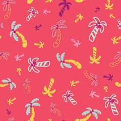 Seamless pattern with colorful tropical palm trees on hot pink background