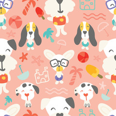 Seamless pattern of cute puppies/ dogs on vacation enjoying summer time