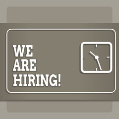 Handwriting text We Are Hiring. Conceptual photo recently employ someone or pay him to do particular job Modern Design of Transparent Square Analog Clock on Two Tone Pastel Backdrop