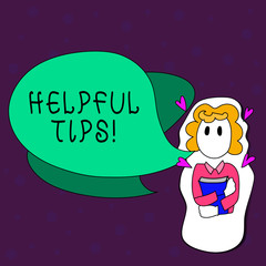 Text sign showing Helpful Tips. Business photo text advices given to be helpful knowledge in life Girl Holding Book with Small Hearts Around her and Two Color Speech Bubble