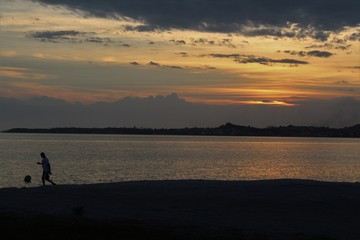 Sunset, clouds and sun. Nature and sky above trees and landscape