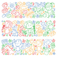 Painted by hand style pattern on the theme of childhood. Vector illustration for children design. Drawing on exercise notebook in colorful style.