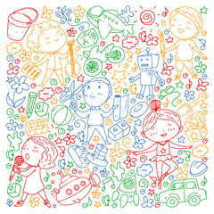 Painted by hand style pattern on the theme of childhood. Vector illustration for children design. Drawing on exercise notebook in colorful style.