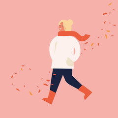 Vector illustration of happy woman in autumn season clothes. Young girl walking surrounded by falling leaves.