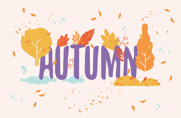 Vector illustartion of autumn text art decorated with red and orange abstract trees and falling leaves.