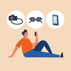 Vector illustration young man shopping online by laptop, browsing devices.