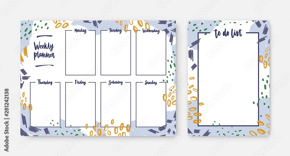 Poster Bundle of weekly planner and to-do-list templates with frame decorated by brush strokes, paint traces and scribble. Effective daily task and appointment planning. Modern creative vector illustration.