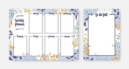 Bundle of weekly planner and to-do-list templates with frame decorated by brush strokes, paint traces and scribble. Effective daily task and appointment planning. Modern creative vector illustration. - obrazy, fototapety, plakaty