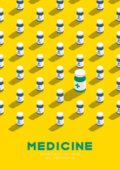 Medicine bottle 3D isometric pattern, Danger expired concept poster and banner vertical design illustration isolated on yellow background with copy space, vector eps 10