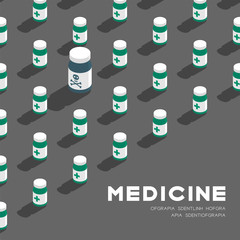 Medicine bottle 3D isometric pattern, Danger expired concept poster and banner square design illustration isolated on grey background with copy space, vector eps 10