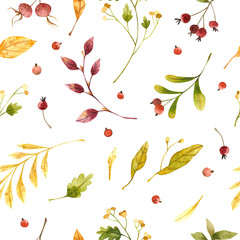 Autumn mood watercolor seamless pattern.  Wind blown, floating yellow oak, maple leaves. Fall wildflowers and cranberry. Seasonal wild plants berries with lettering. Wallpaper, wrapping paper design