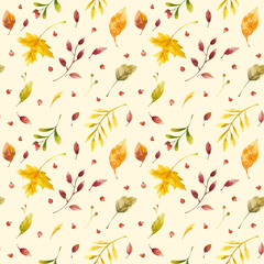 Autumn mood  watercolor  seamless pattern.  Wind blown, floating yellow oak, maple leaves. Fall wildflowers and cranberry. Seasonal wild plants berries with lettering. Wallpaper, wrapping paper design