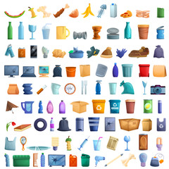 Garbage icons set. Cartoon set of garbage vector icons for web design