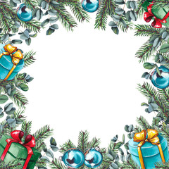 Fototapeta na wymiar Christmas frame with fir branches, eucalyptus leaves, gift boxes and Christmas balls. Watercolor isolated on white background.