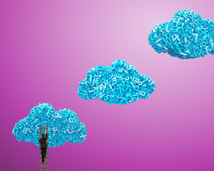 Big data and cloud computing concept. Businessman climbing wooden ladder to blue clouds of 3d letters and numbers, isolated on purple background.