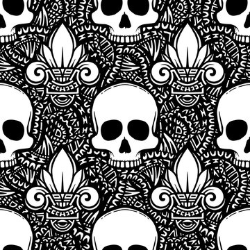 Seamless ethnic pattern with skulls and lotus image. Handmade.