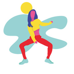 Girl in flat-style vigorously dancing. In motion. Bright and active vector illustration.