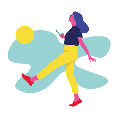 The girl is holding the phone. Bright vector illustration in flat style.
