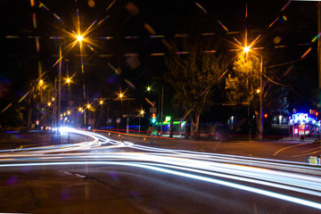 Fototapeta na wymiar Night road. Frozen light lanterns. Freezligt