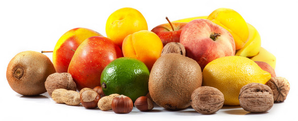 Isolated image of fruits and nuts close up.