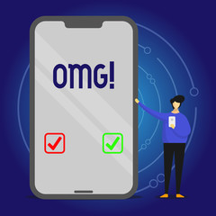 Writing note showing Omg. Business concept for Oh my good abbreviation Modern Astonishment expression Man Presenting Huge Smartphone while Holding Another Mobile