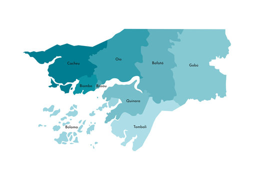 Vector isolated illustration of simplified administrative map of Guinea-Bissau. Borders and names of the regions. Colorful blue khaki silhouettes