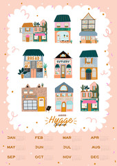Wall calendar. 2020 Yearly Planner with all Months. Good Organizer and Schedule. Cute house background. Motivational quote lettering. Flat vector illustration in trendy style
