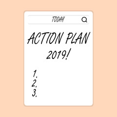 Handwriting text writing Action Plan 2019. Conceptual photo proposed strategy or course of actions for current year Search Bar with Magnifying Glass Icon photo on Blank Vertical White Screen