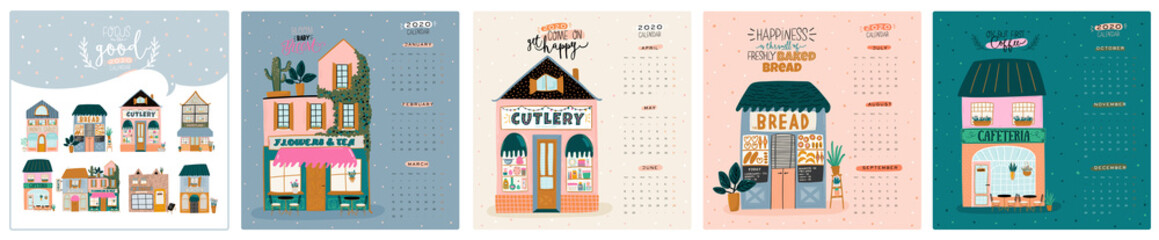 Wall calendar. 2020 Yearly Planner with all Months. Good Organizer and Schedule. Cute house background. Motivational quote lettering. Flat vector illustration in trendy style