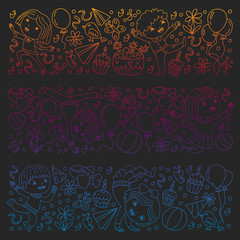 Vector illustration in cartoon style, active company of playful preschool kids jumping, at a party, birthday. Gradient chalk drawing on a school blackboard.