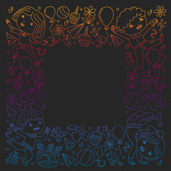 Vector illustration in cartoon style, active company of playful preschool kids jumping, at a party, birthday. Gradient chalk drawing on a school blackboard.